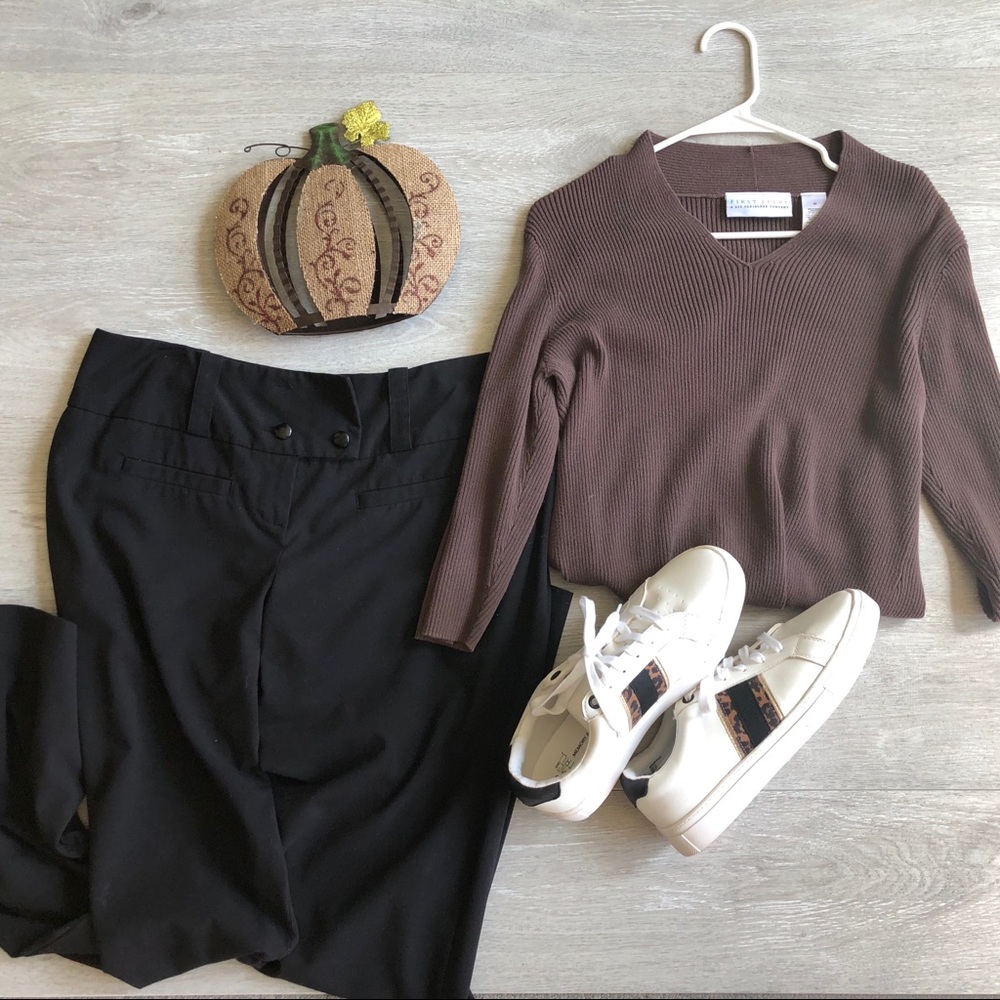 Liz Claiborne brown sweater, black slacks, Leopard
